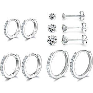 Sterling Silver Hoop Stud Earrings Set 6 Pairs CZ Hypoallergenic Cartilage
